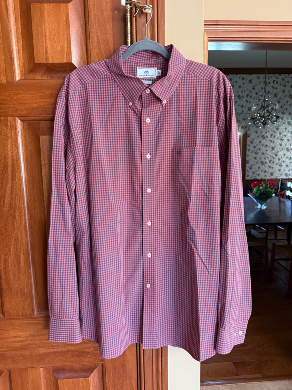 Southern Tide Coral and Blue Gingham Button-Down Shirt